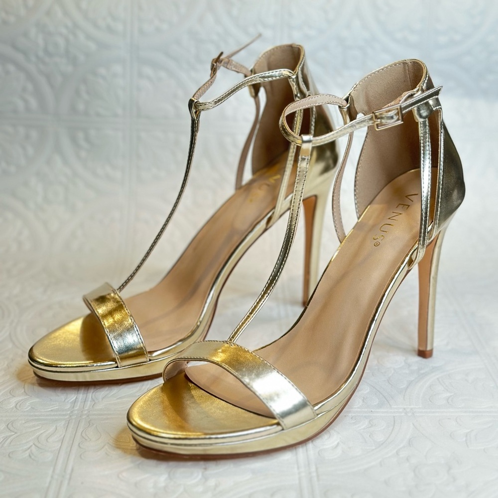 VENUS Gold Stiletto Heels with Ankle Straps